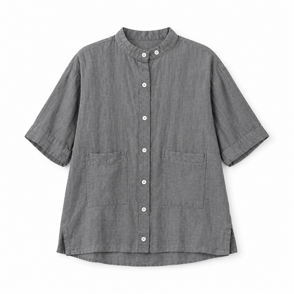 Grey Stand Collar Half Sleeve Linen Shirt