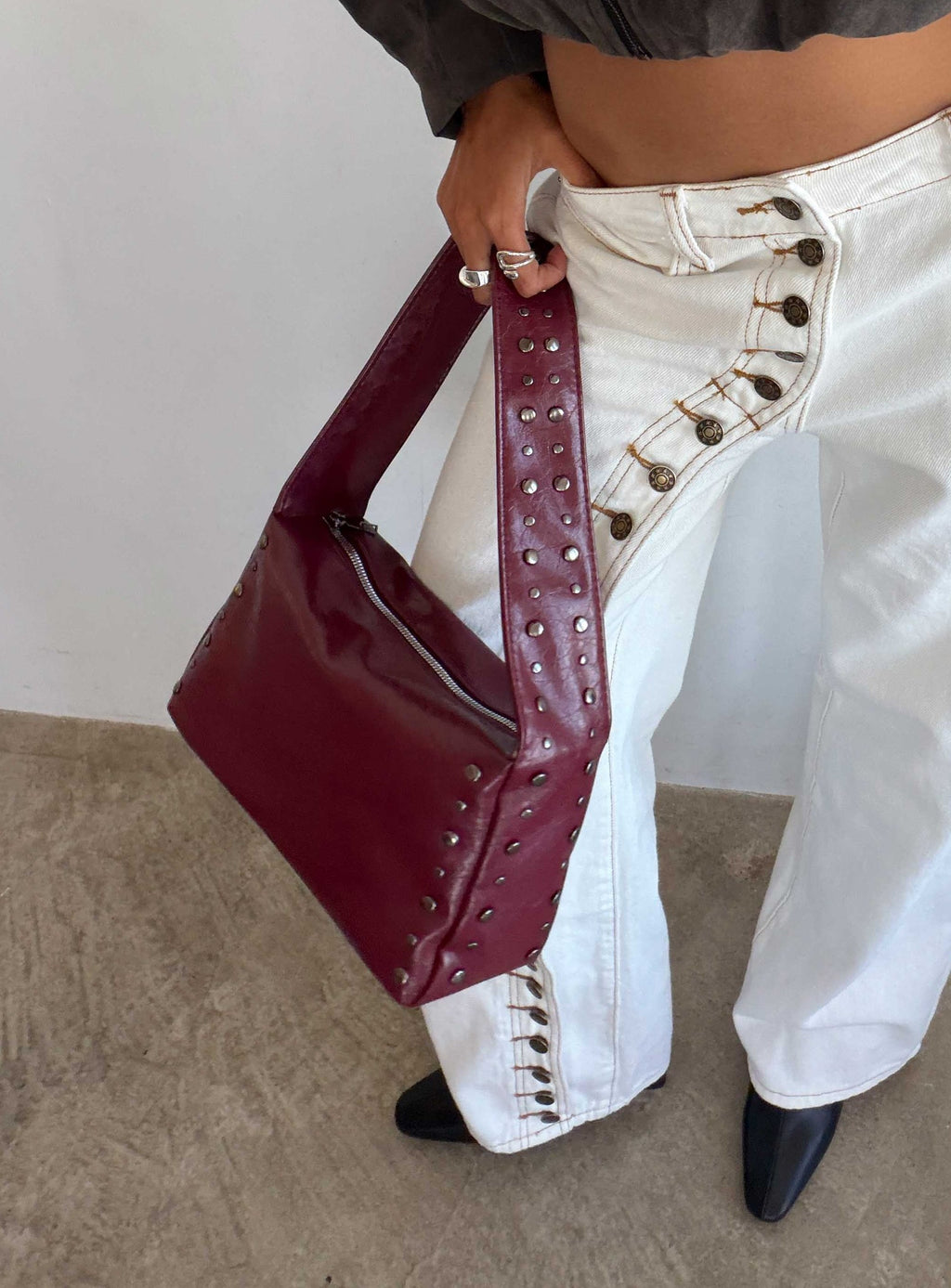 Stud Detail Shoulder Bag Burgundy