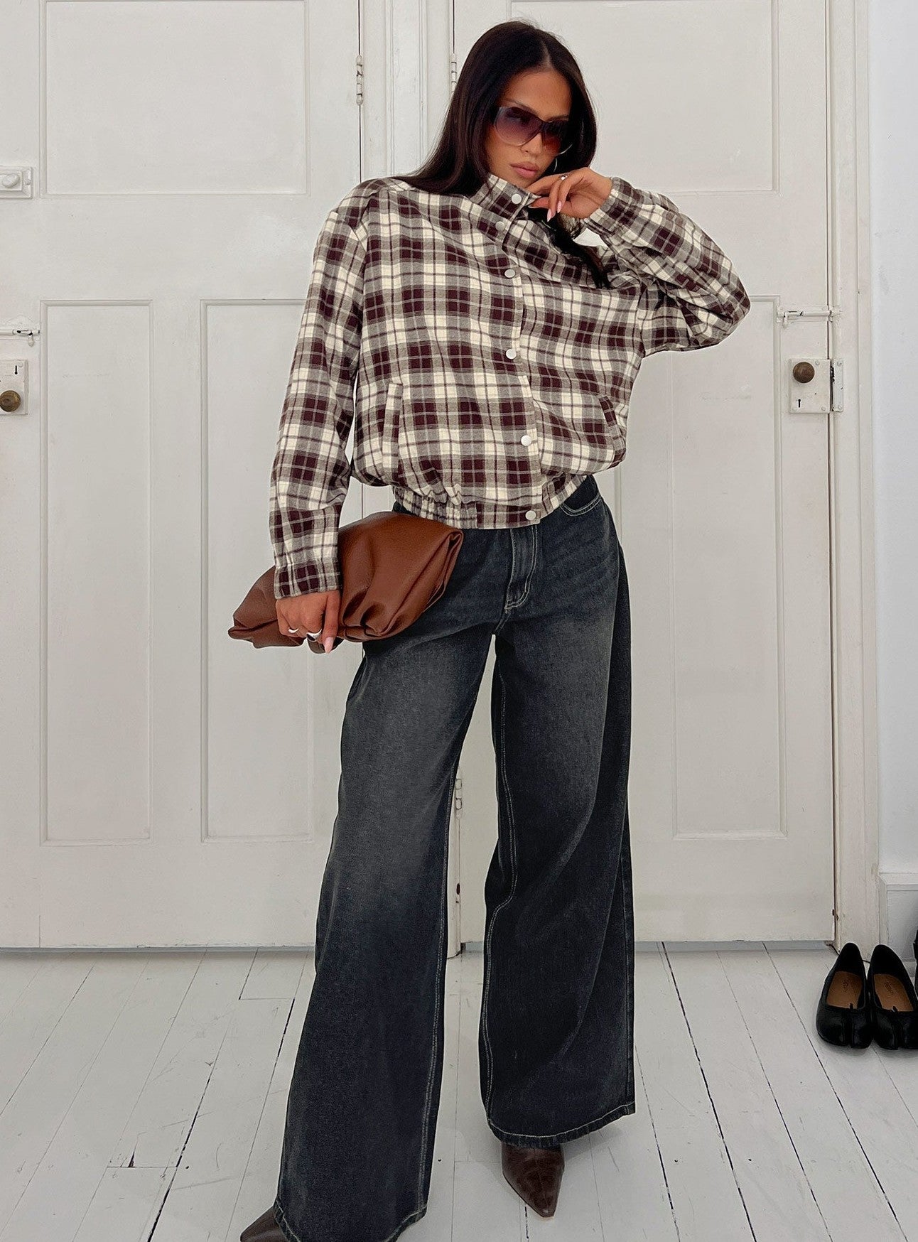 Funnel Neck Button Down Jacket Brown Check