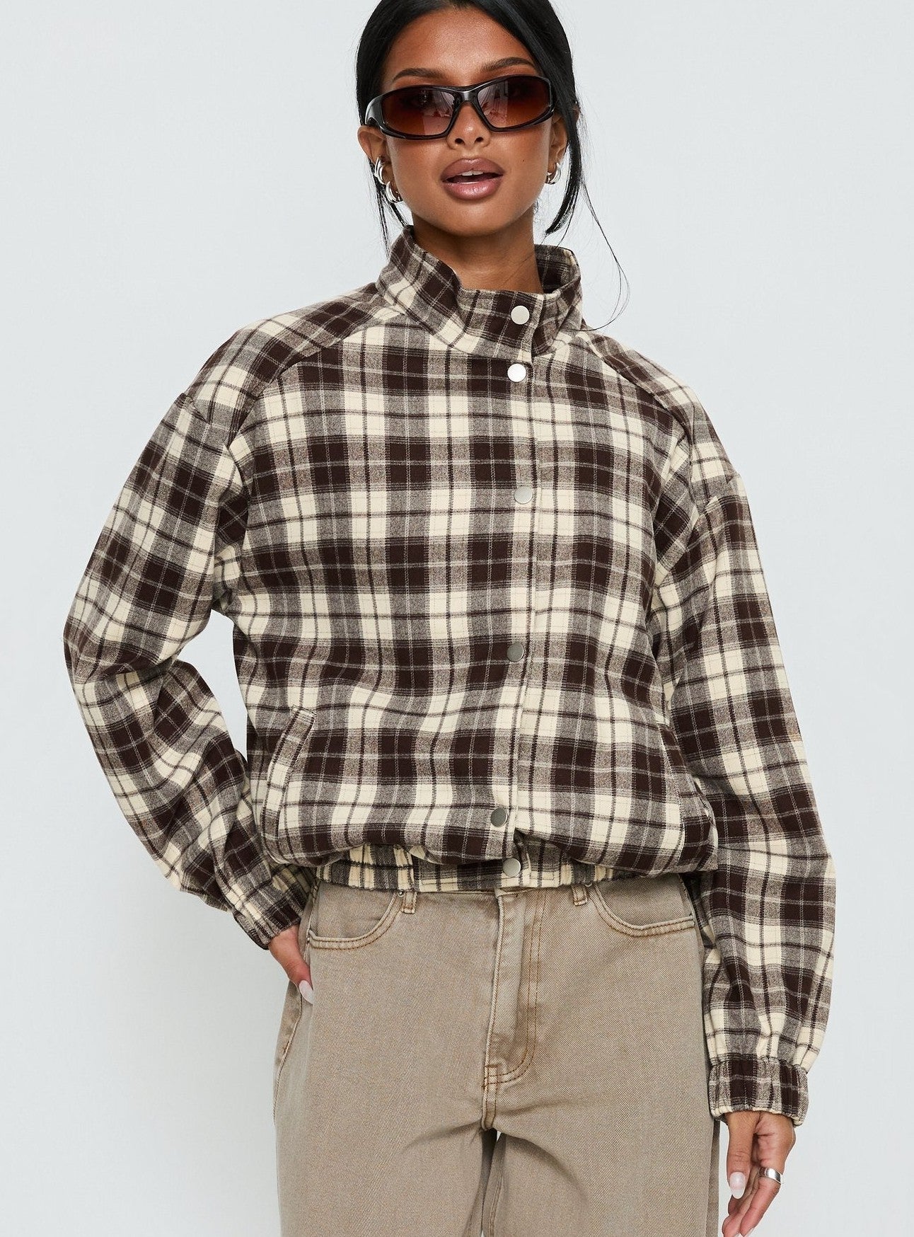 Funnel Neck Button Down Jacket Brown Check