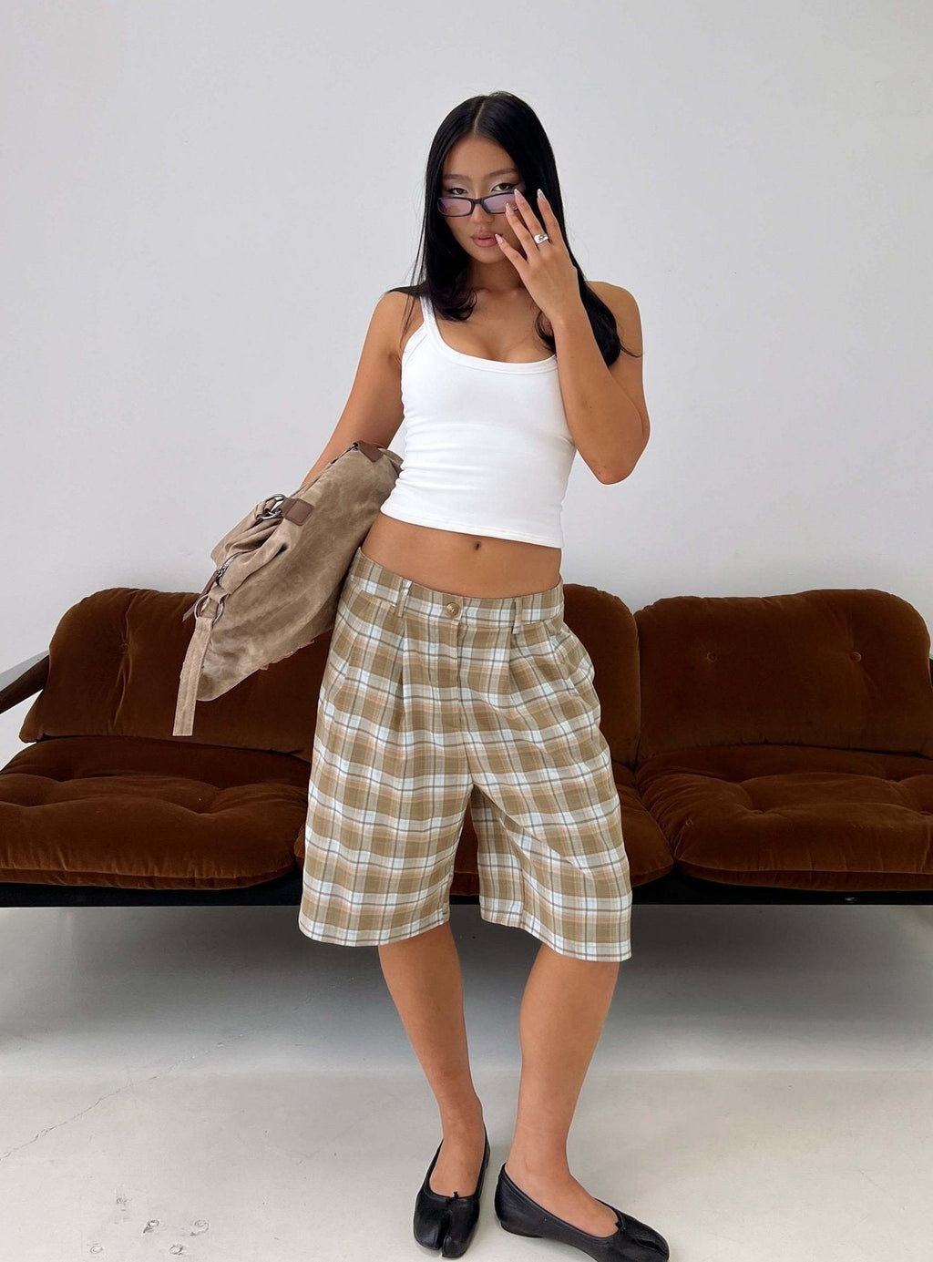 Mid Length Short Check Brown