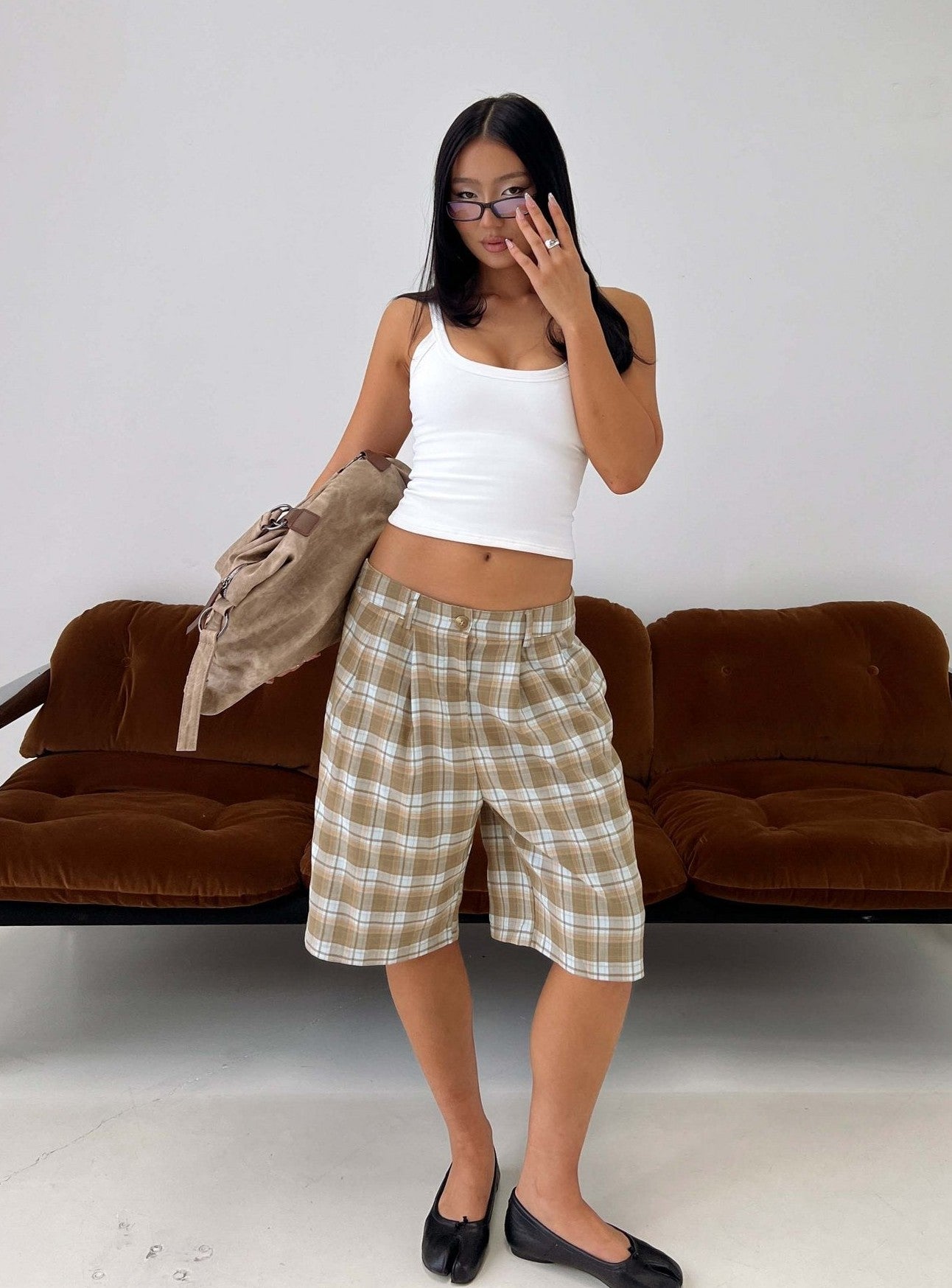 Mid Length Short Check Brown