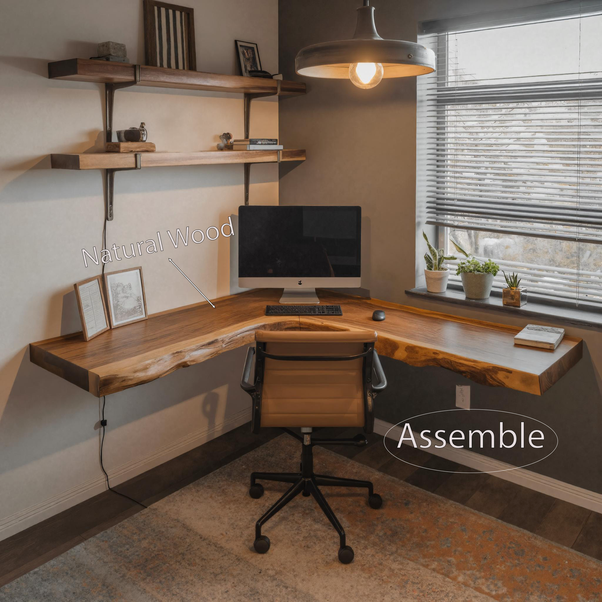 Live Edge Corner Desk, Modern Floating Solid Wood Desk for Home Office