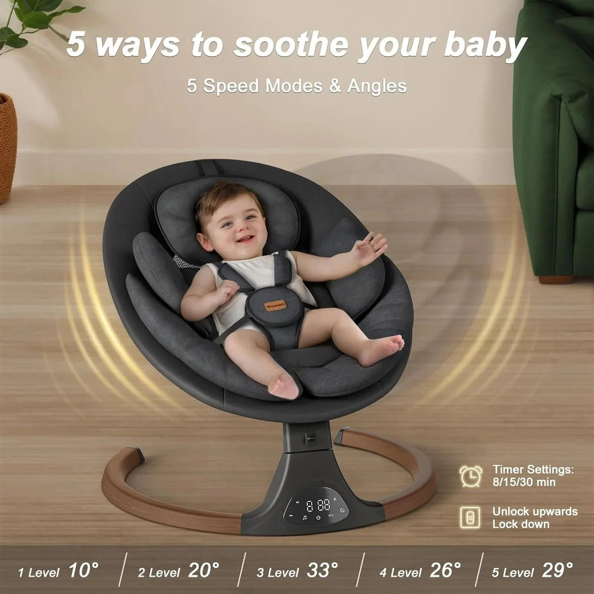Monamii Bluetooth Infant Swing With Music Speaker, 5 Speeds And Remote Control