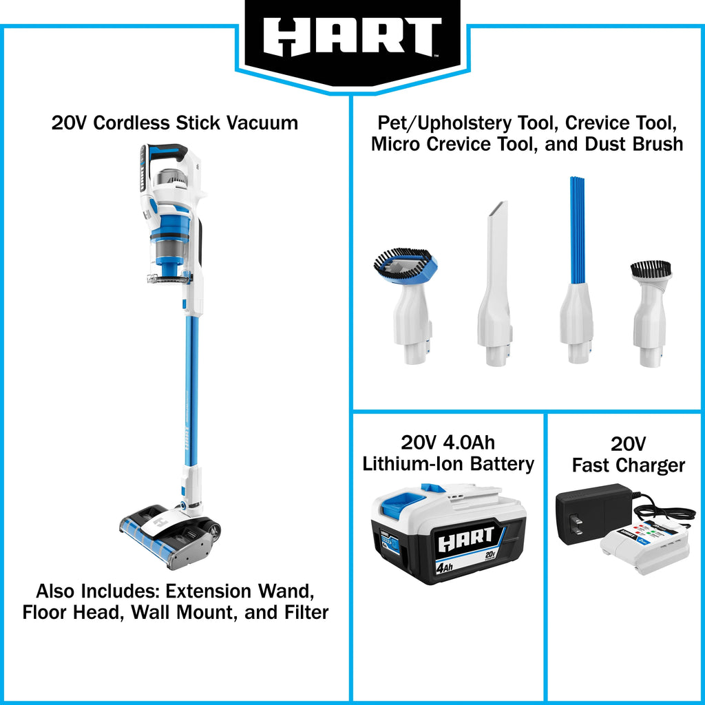 HART 20-Volt Dual Brushroll Stick Vacuum Kit With 4.0 Ah Lithium-Ion Battery