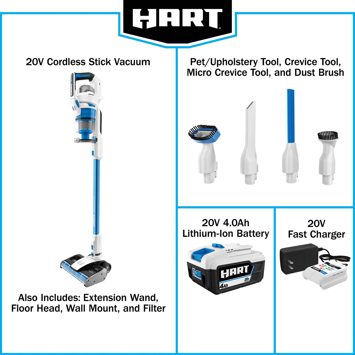 HART 20-Volt Dual Brushroll Stick Vacuum Kit With 4.0 Ah Lithium-Ion Battery