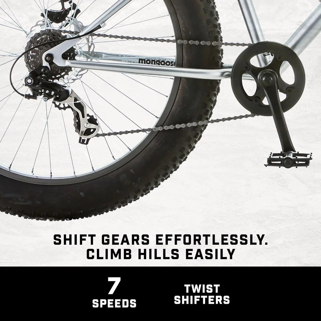 Mongoose Malus Adult Fat Tire Mountain Bike, 26-Inch Wheels, 4-Inch Tires, 7-Speed - R5714C