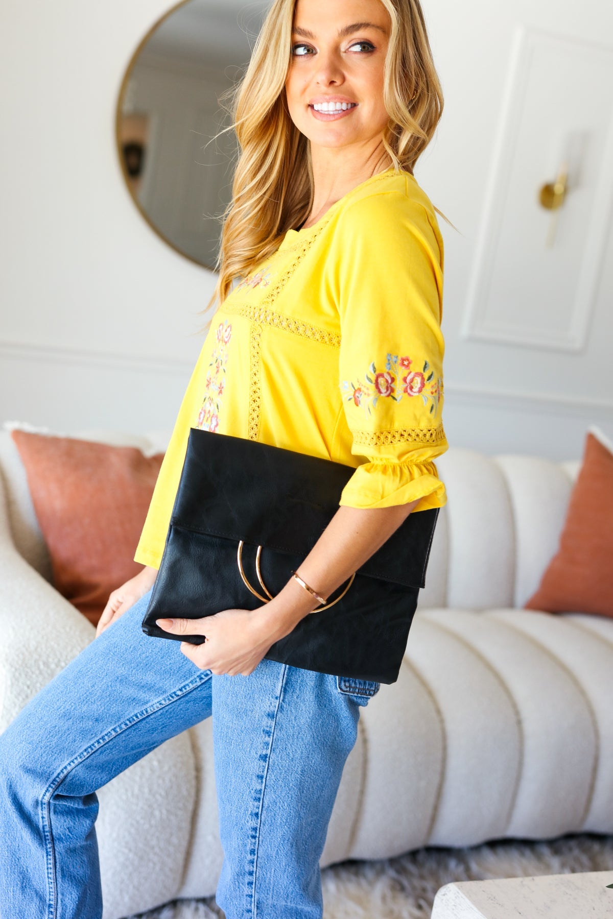 Black Fold Over Gold O-Ring Faux Leather Clutch - view 3