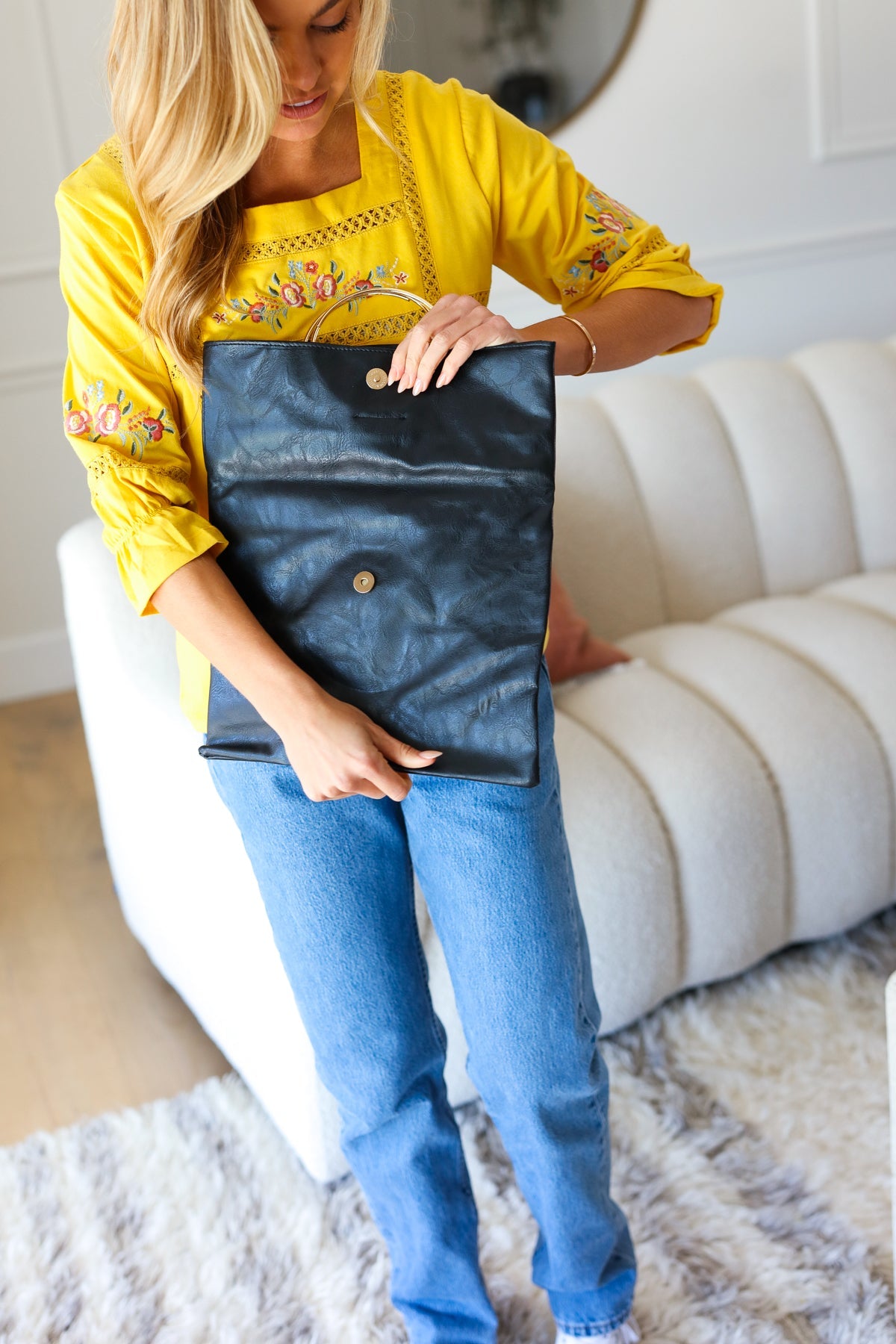 Black Fold Over Gold O-Ring Faux Leather Clutch - view 4
