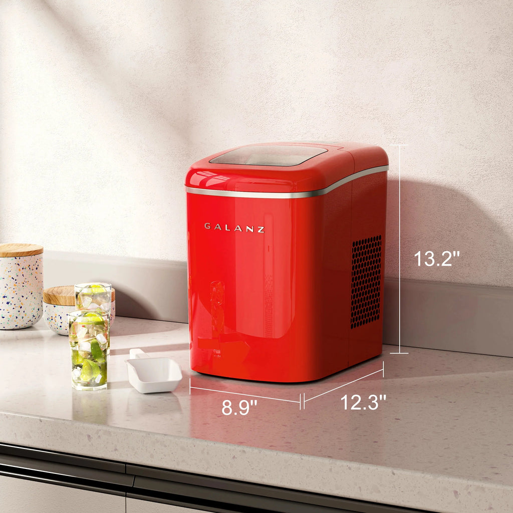 Galanz Portable Countertop Ice Maker, 26 lbs in 24 Hours, 9 Bullet Cubes in 9 Minutes, 2 Ice Sizes, 2.1 L, Retro Red