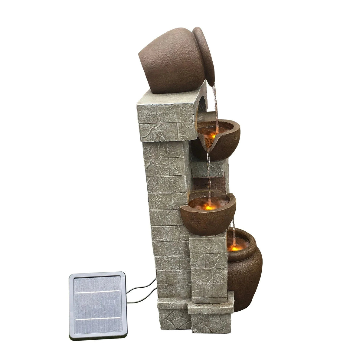 Teamson Home Solar Powered 4-Tier Cascading Bowls Garden Water Fountain With LED Lights, Brown, 28.5 in