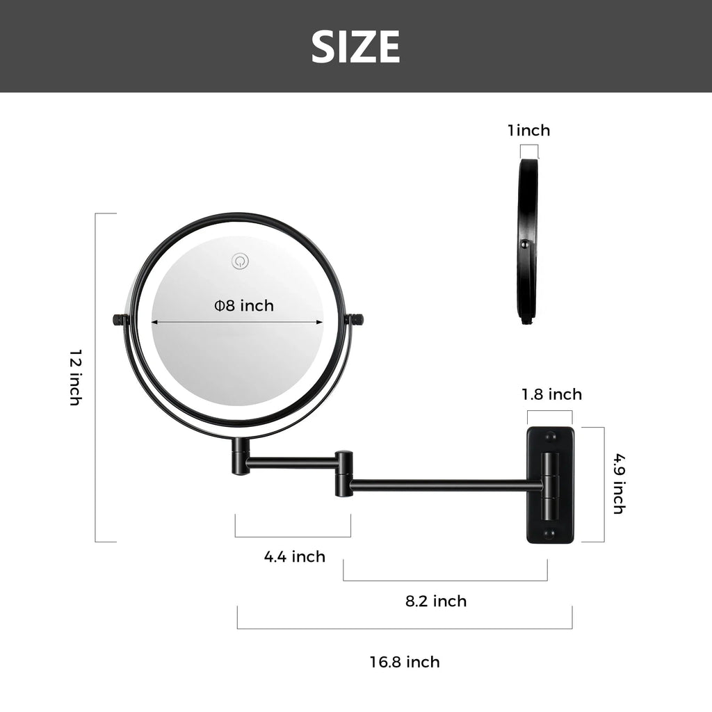 8 Inch Round Wall-Mounted Makeup Mirror, Rechargeable, 1X/10X Magnification, 3-Color LED Lights