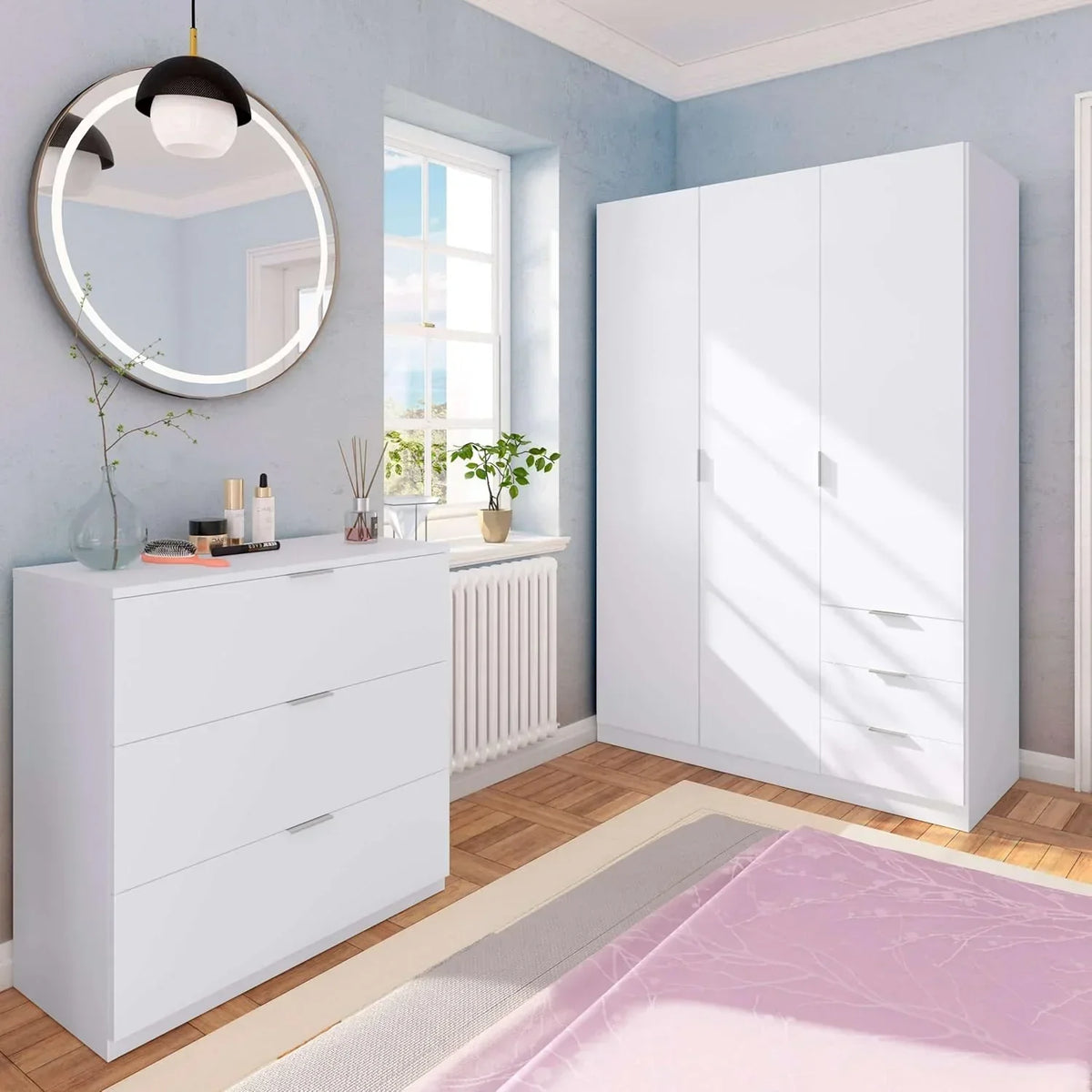 Habitdesign Three-Door Three-Drawer Wardrobe Closet, Artic White, 121 cm W x 180 cm H x 52 cm D
