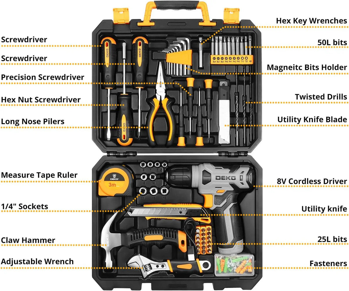 DEKOPRO 126 Piece Home Tool Kit With 8V Cordless Drill - DKMT126-G