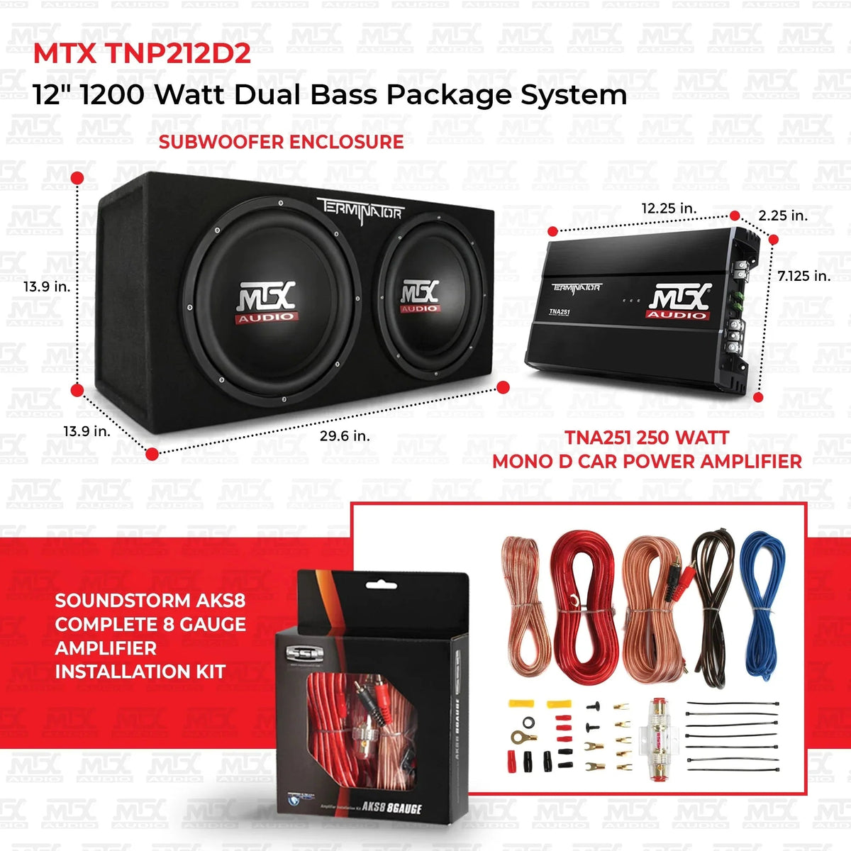 MTX 12in 1200 Watt Dual Car Subwoofer Package With Amplifier And Installation Kit - TNP212D2