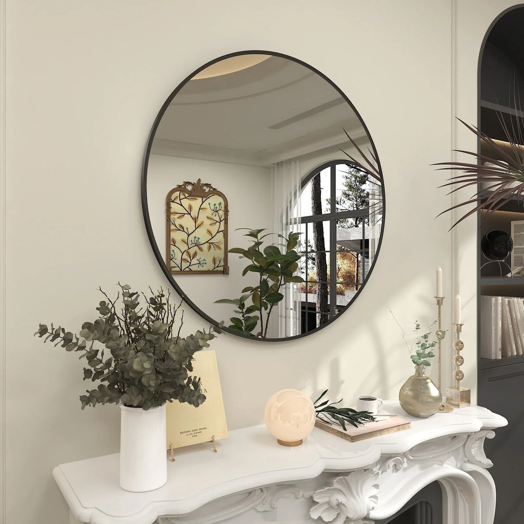Round Metal Black Frame Bathroom Vanity Mirror - Wall Mounted