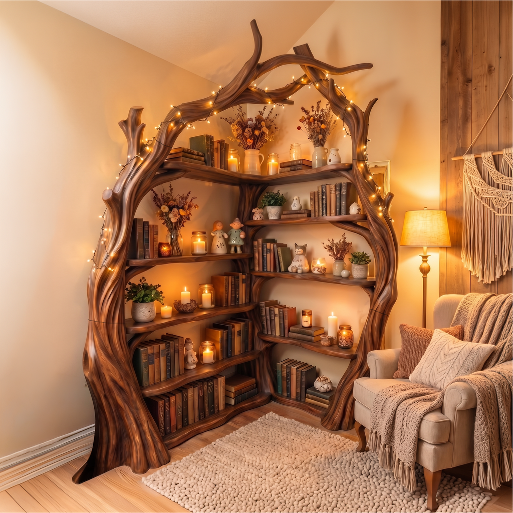 Corner Tree Bookshelf, Tall Wooden Branch Bookcase for Living Room