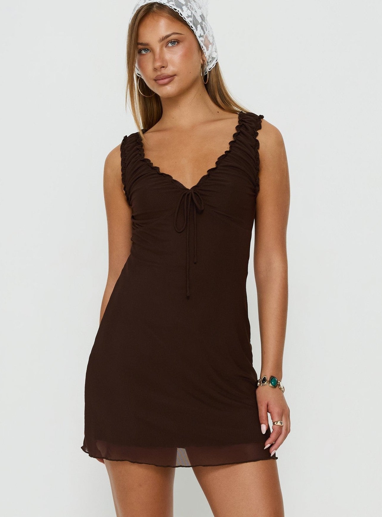 V Neck Mini Dress Chocolate