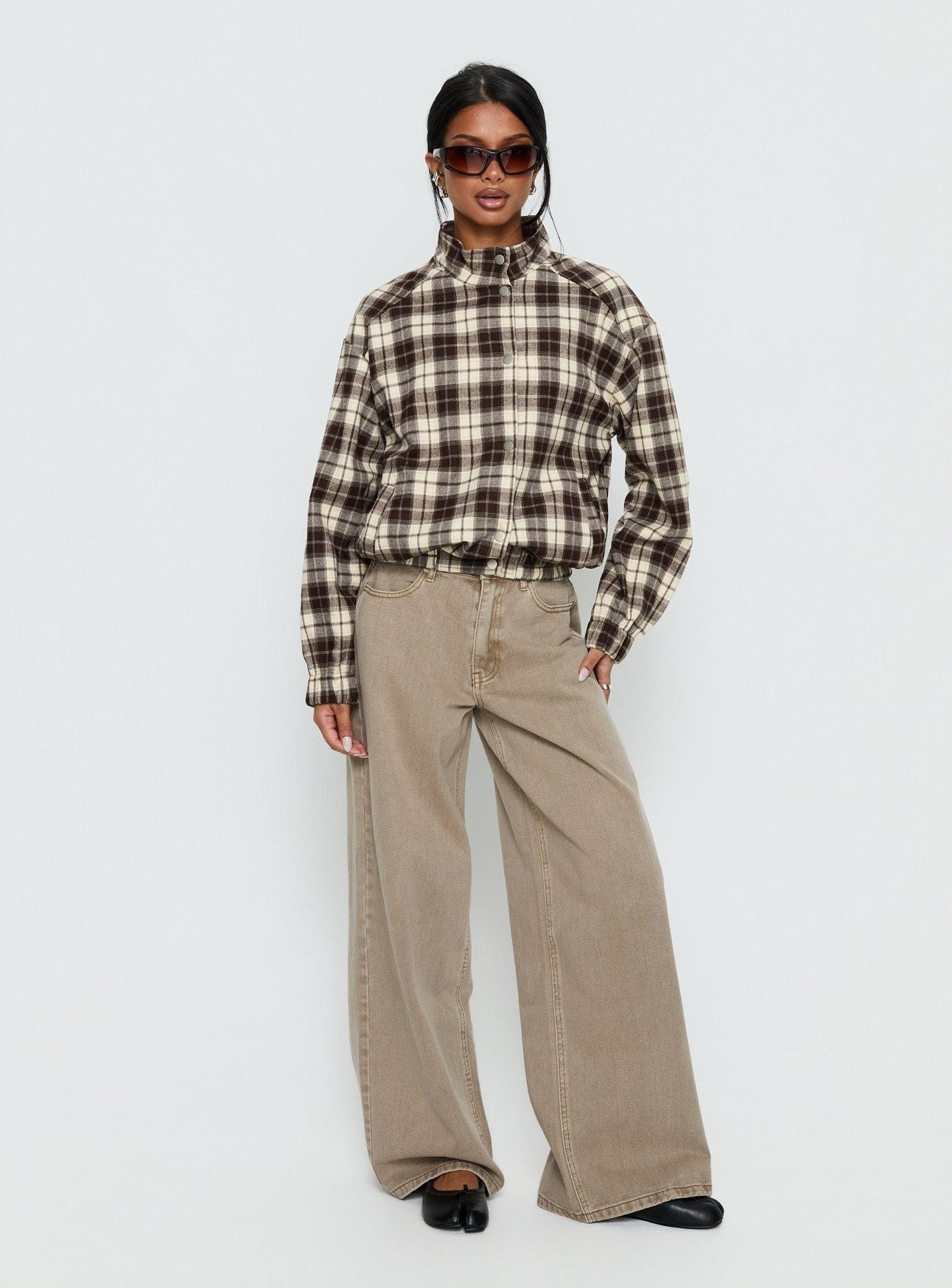 Funnel Neck Button Down Jacket Brown Check