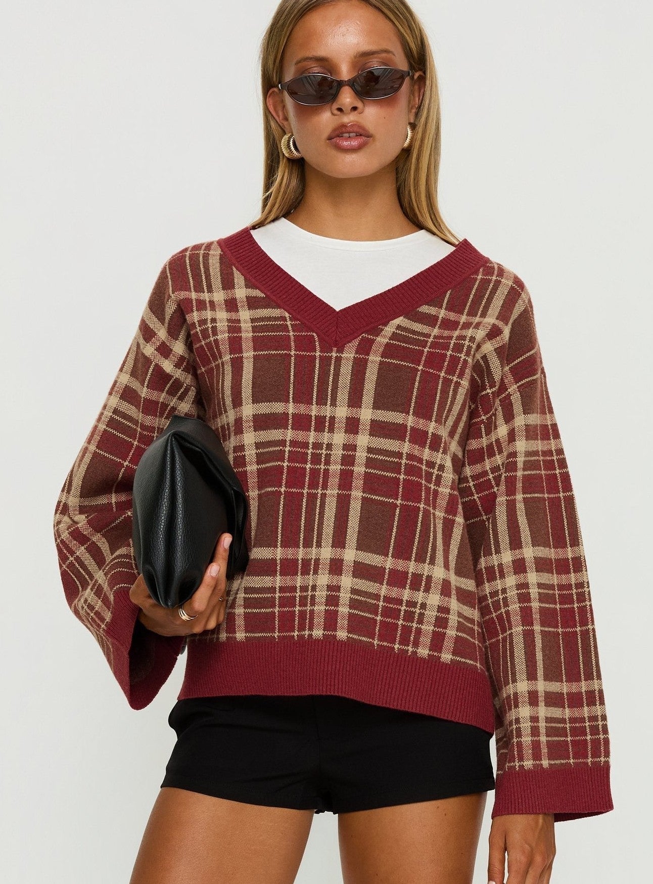 V Neck Knit Sweater Red Plaid
