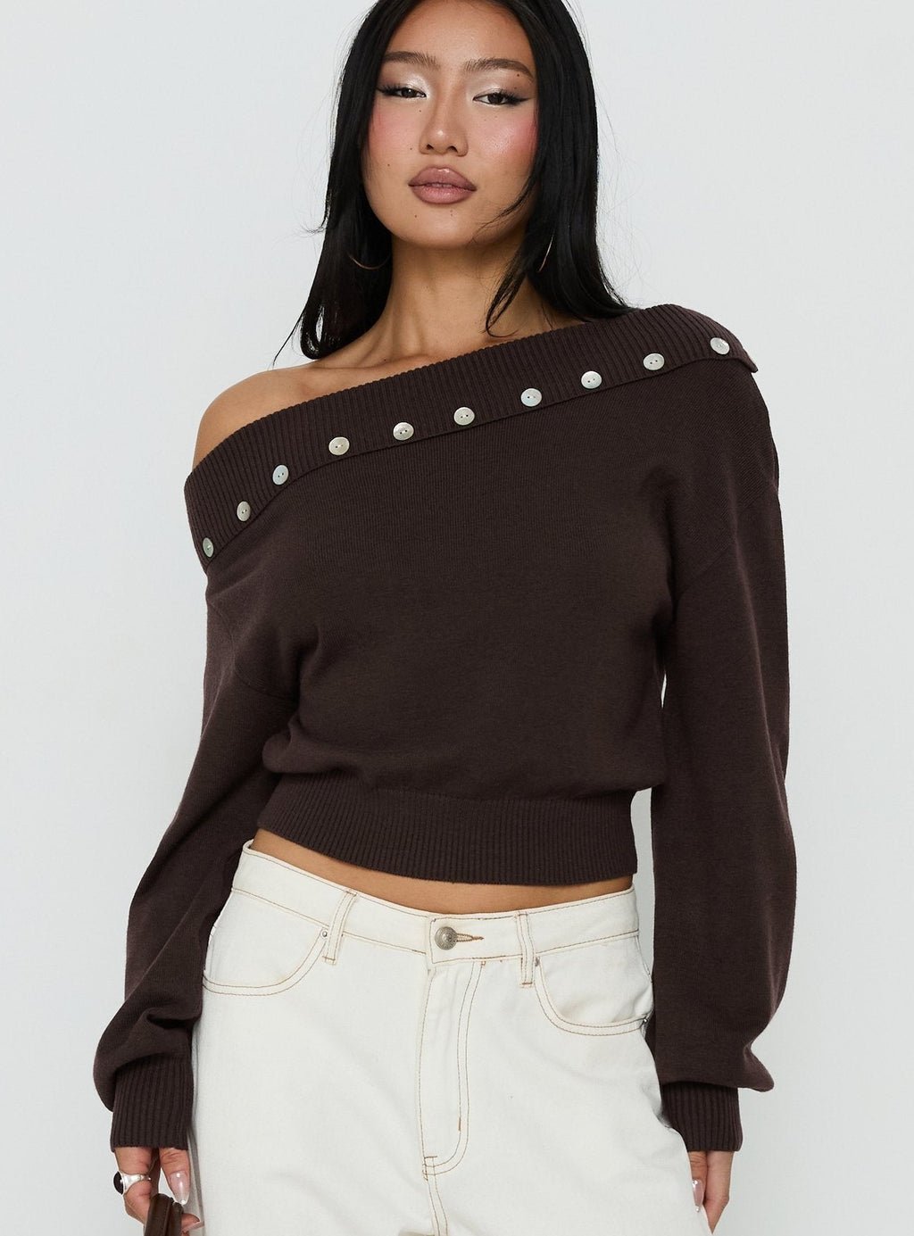 Off Shoulder Foldover Sweater Brown