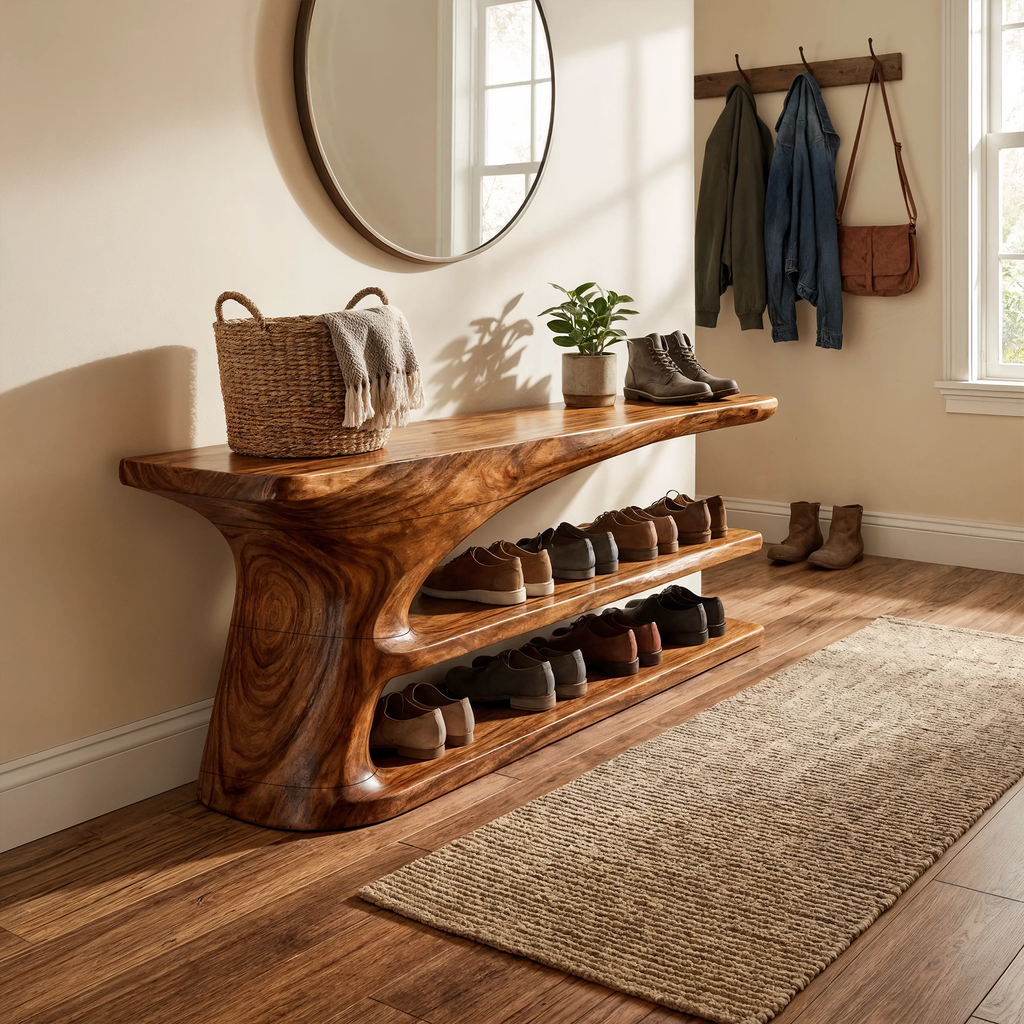 Hallway Shoe Bench, Mid Century Natural Wood Storage Bench