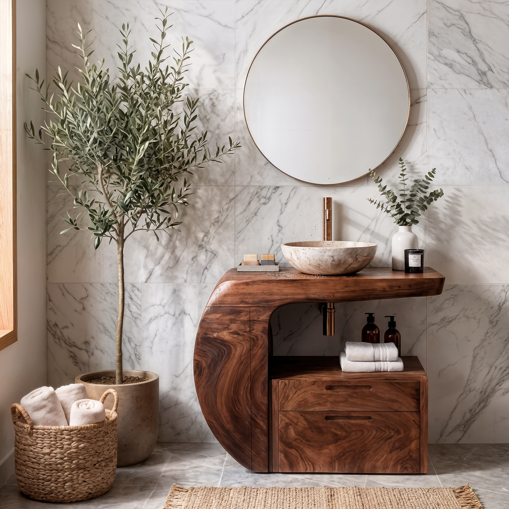 Bathroom Vanity with Storage, Modern Organic Natural Wood Sink Console