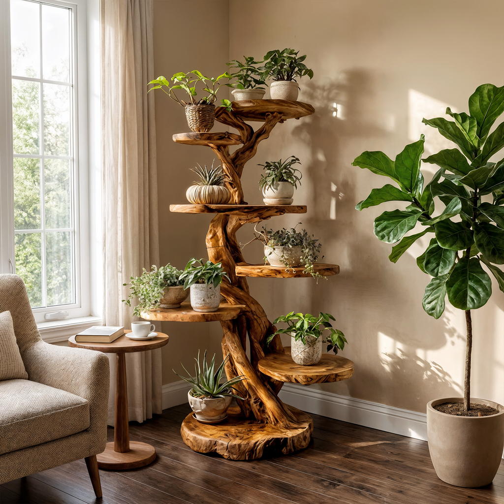 Rustic Tree Plant Shelf Solid Wood Branch Stand for Indoor Plants