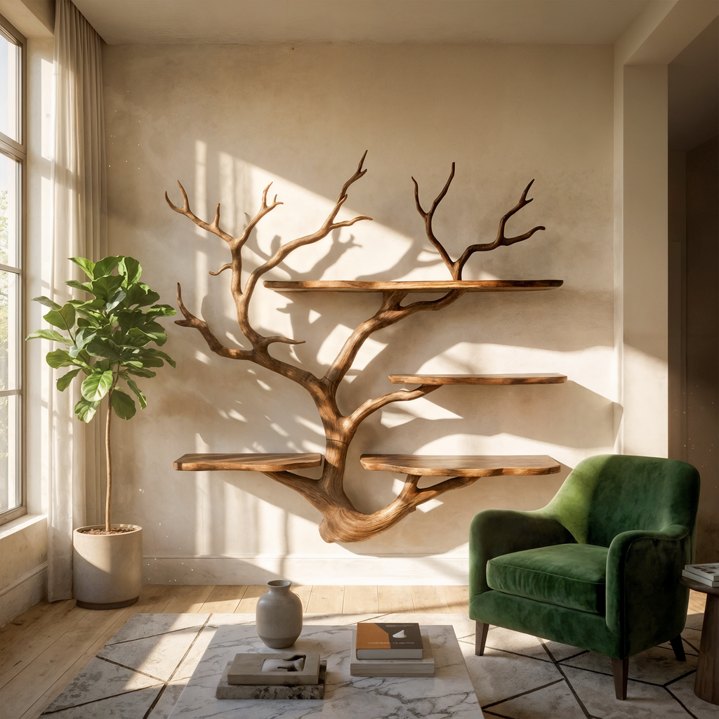 Sculptural Tree Wall Shelf, Branch Floating Bookshelf for Art Studio
