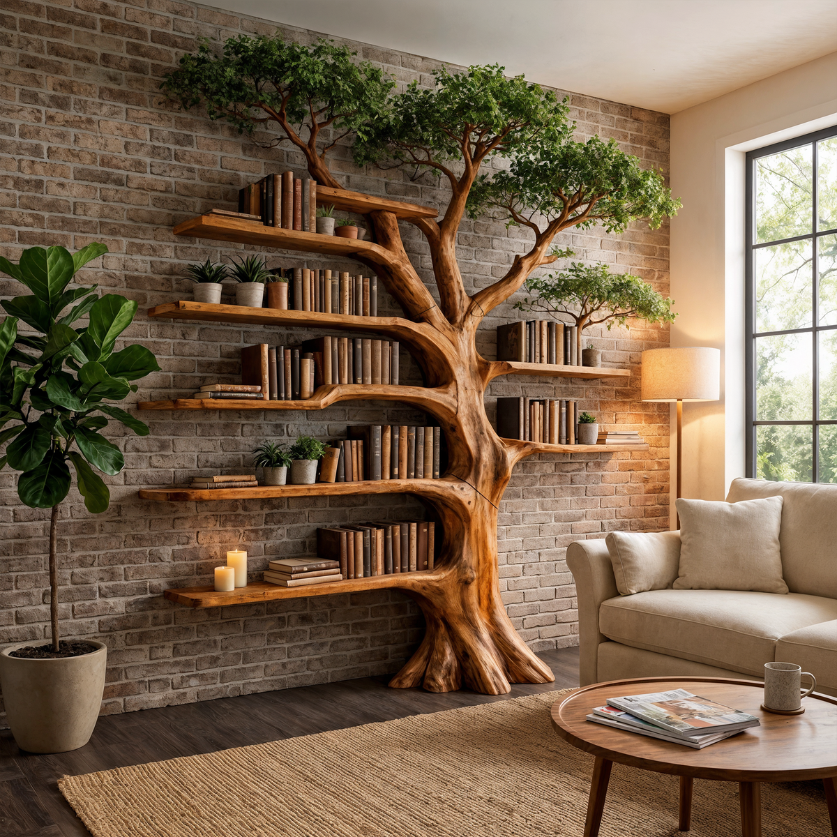 Tree Bookcase with Built-In Reading Bench, Nature Inspired Display