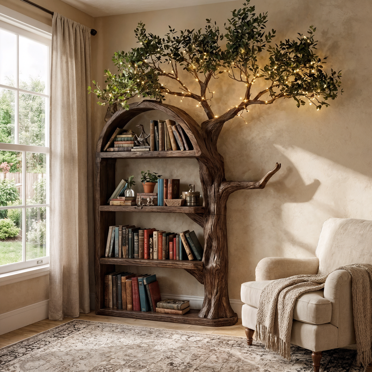 Rustic Tree Bookshelf, Wall Mounted Branch Display for Living Room