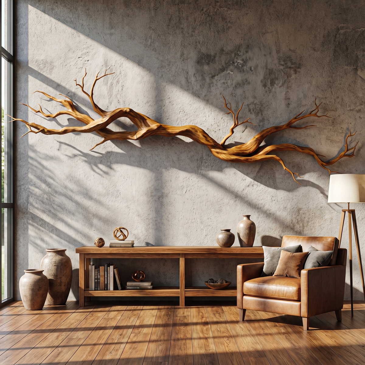 Carved Vine Wood Wall Sculpture, Modern Solid Wood Statement Wall Art