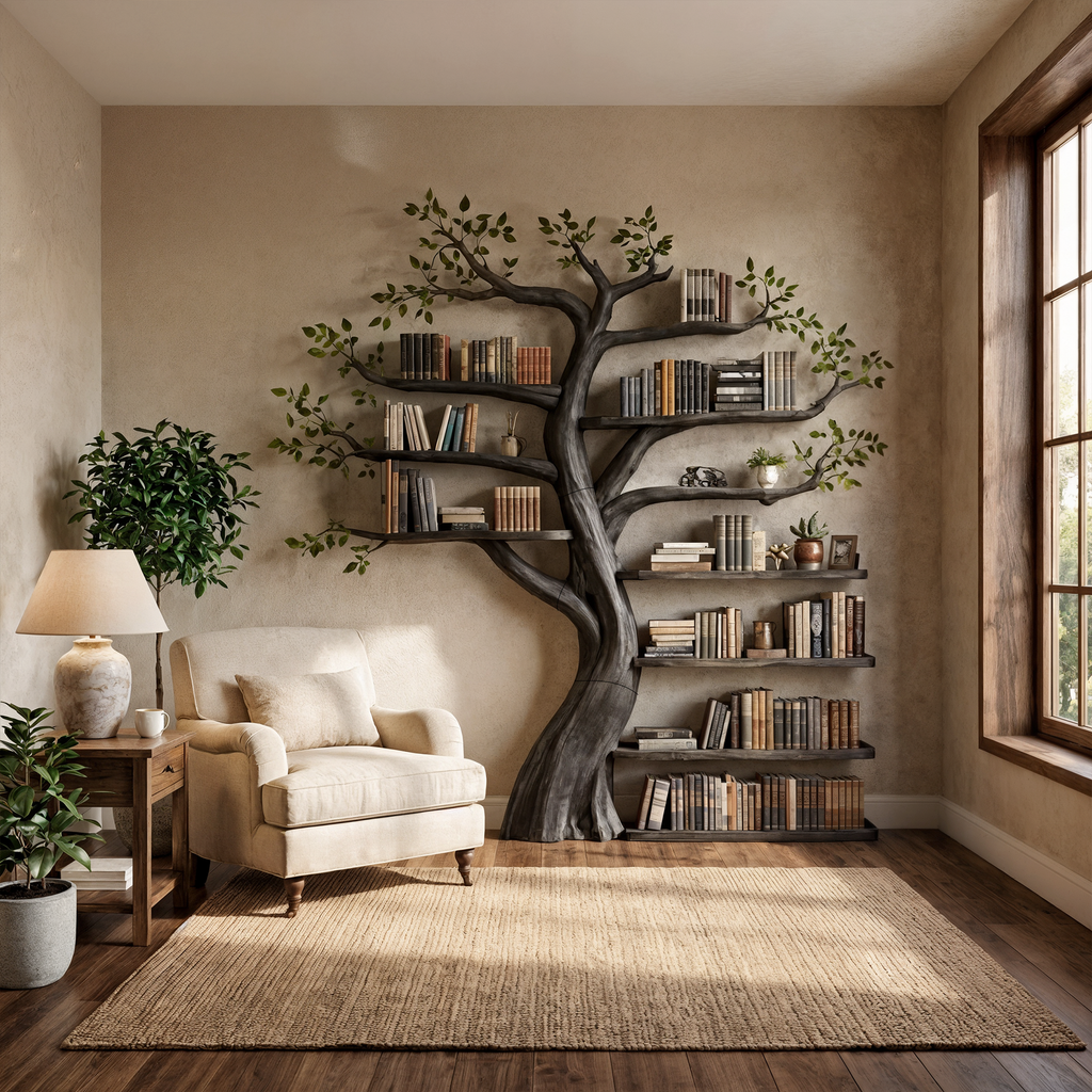 Organic Tree Bookshelf, Sculptural Wall Display for the Living Room