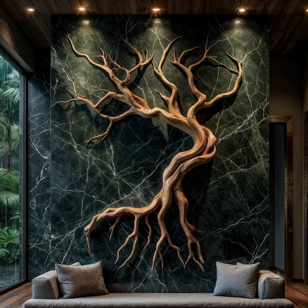 Tree Branch Wall Sculpture, Carved Hand and Clover Wood Wall Art