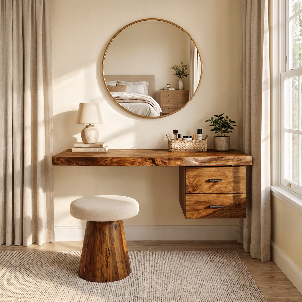 Floating Dressing Table with Drawer, Modern Organic Solid Wood Vanity