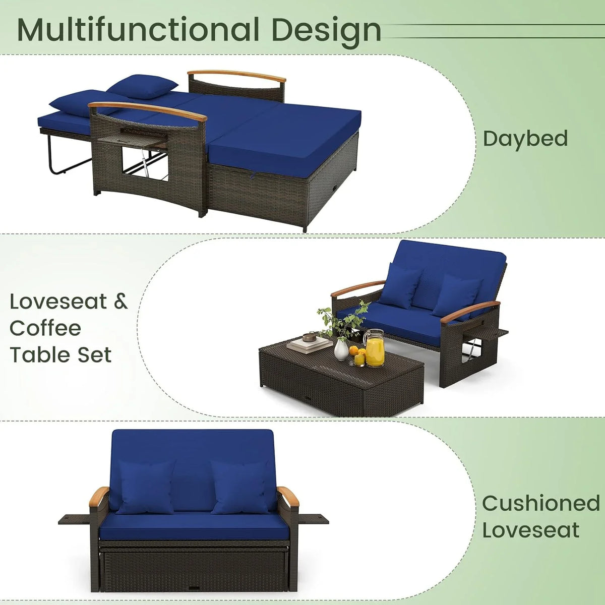 Moccha Outdoor Wicker Daybed Patio Rattan Loveseat Sofa With 4-Level Adjustable Backrest - Beige