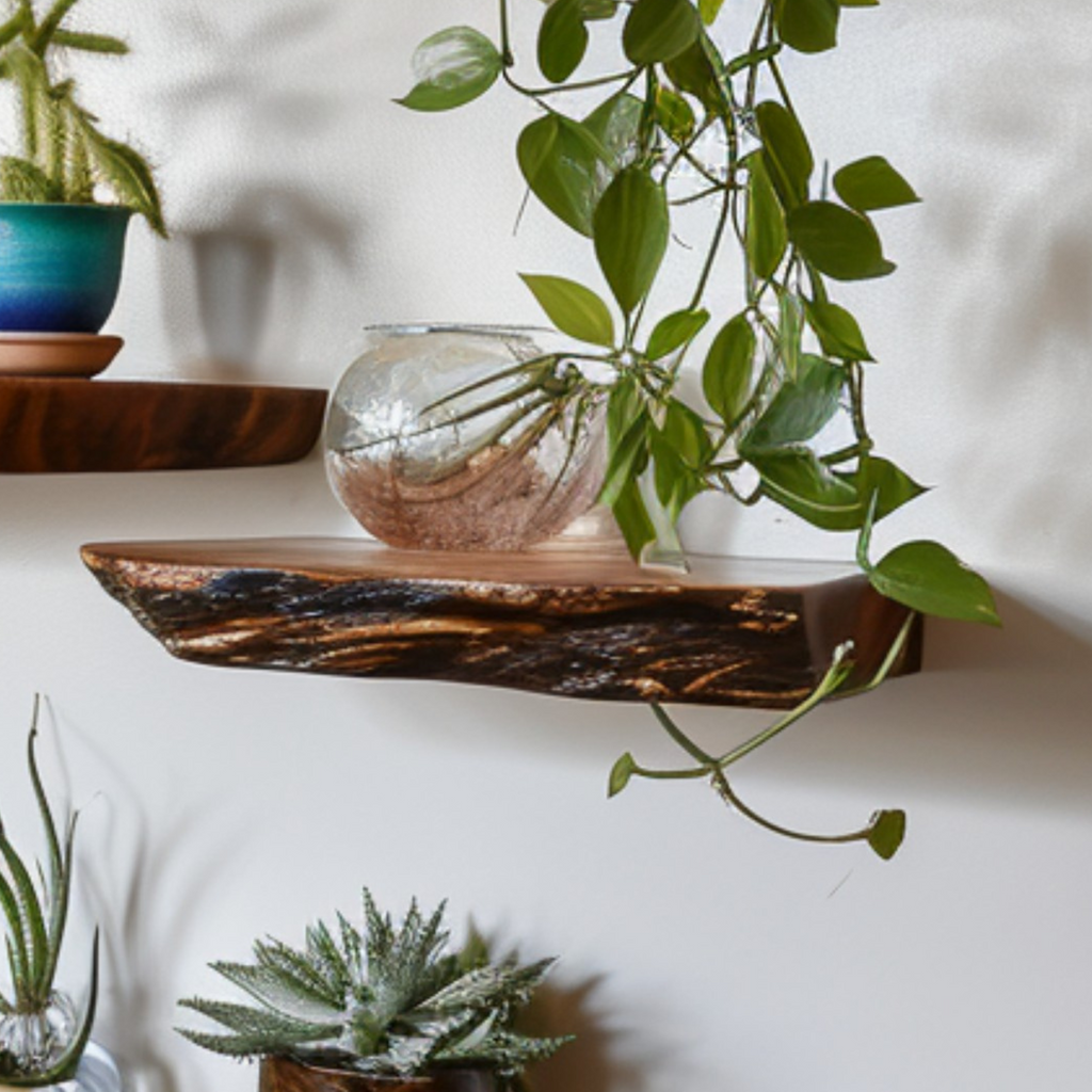 Live Edge Floating Shelf Wall Mounted Dark Brown Wood Shelf