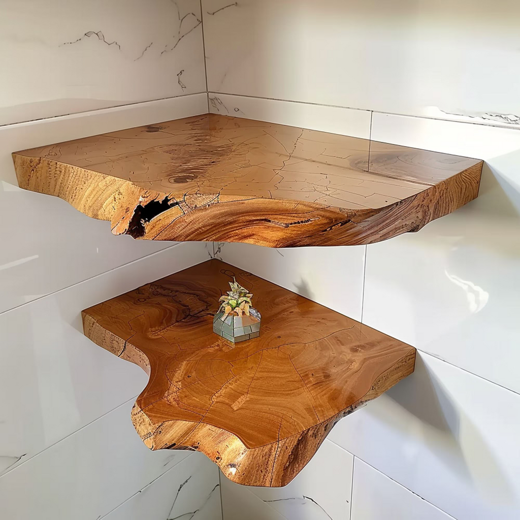 Floating Corner Shelves, Solid Wood Wall Display Shelf for Decor