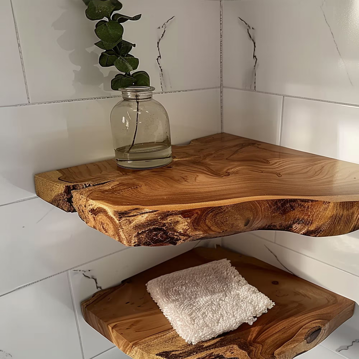 Floating Corner Shelves, Solid Wood Wall Display Shelf for Decor