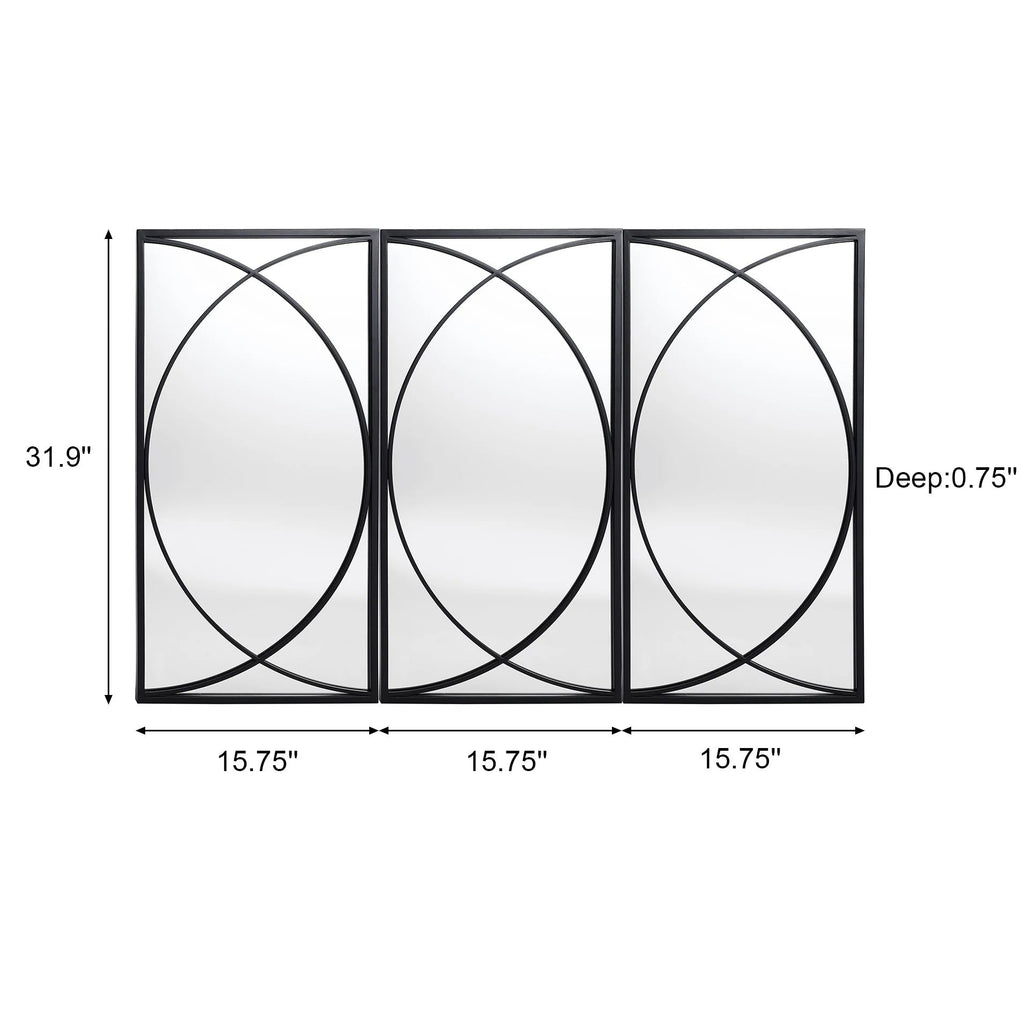 3-Piece Black Metal Rectangular Wall Mirror Set, 31.9" H x 15.75" W x 0.75" D