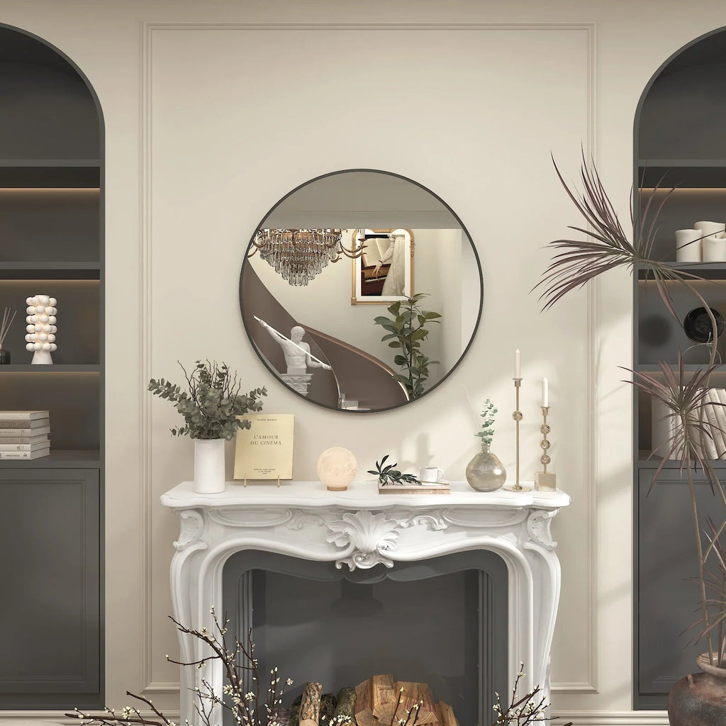 Round Metal Black Frame Bathroom Vanity Mirror - Wall Mounted