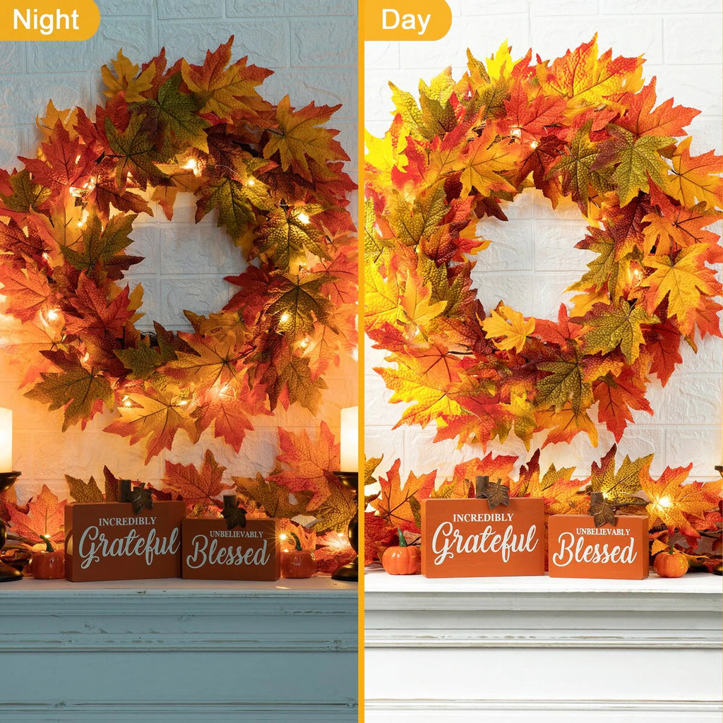 Thanksgiving LED Lighted Fall Maple Leaf Wreath And Garland, 24 in Wreath / 72 in Garland - 20 Clear Lights