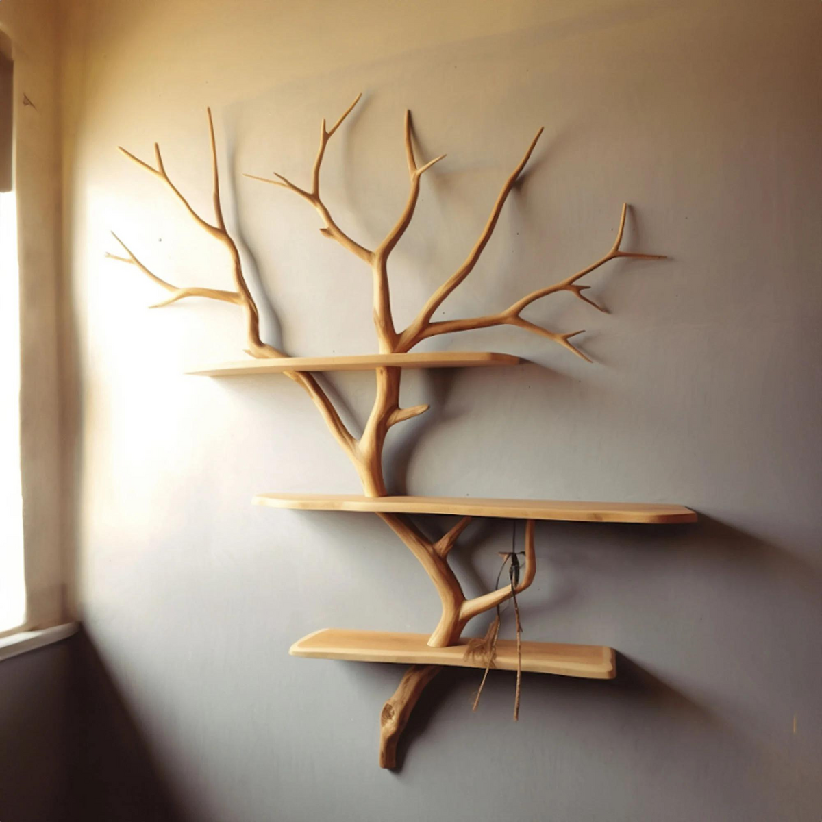Tree Branch Corner Bookshelf, Wall Mounted Natural Wood Floating Shelf