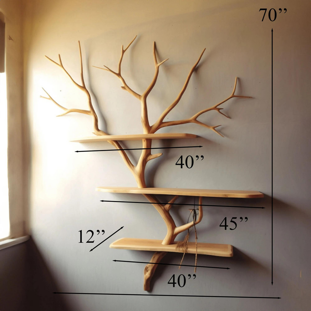 Tree Branch Corner Bookshelf, Wall Mounted Natural Wood Floating Shelf