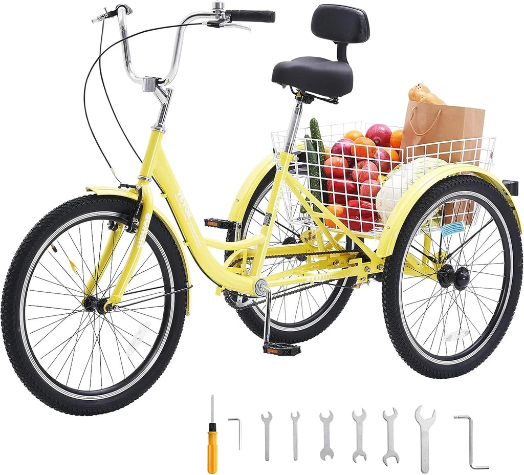 Carbon Steel Adult Cruiser Tricycle With Basket, 20 Inch, Yellow