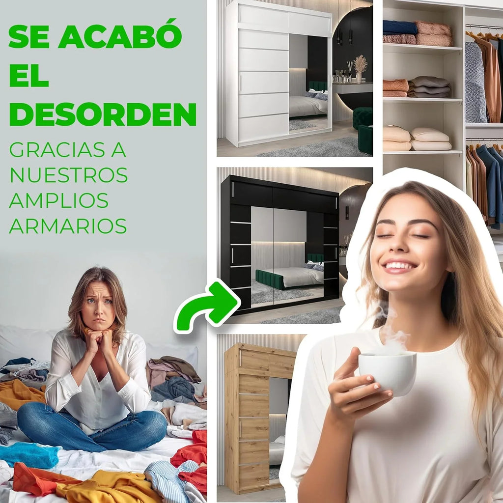 ABIKSMEBLE Bedroom Wardrobe With 3 Sliding Doors, Mirror, Black Matte And Sonoma, 200 x 200 x 62 cm - Verona 4 200