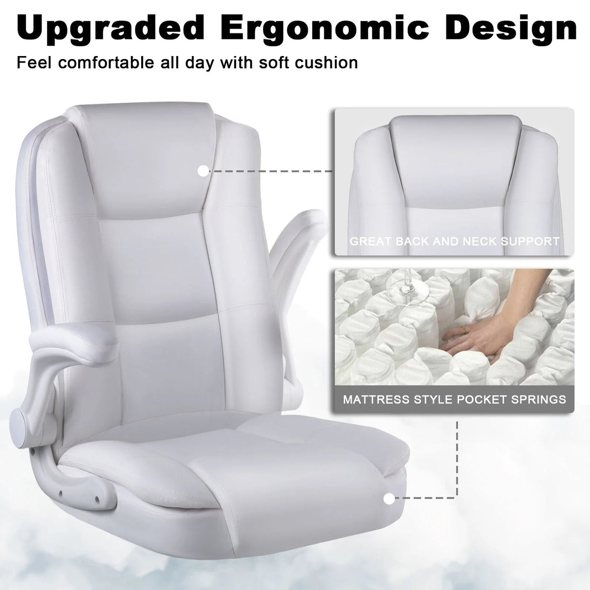 Big And Tall Ergonomic Office Chair, High Back Leather Executive Computer Chair With Padded Flip-Up Arms - 20.87in D x 27.3in W x 47.24in H