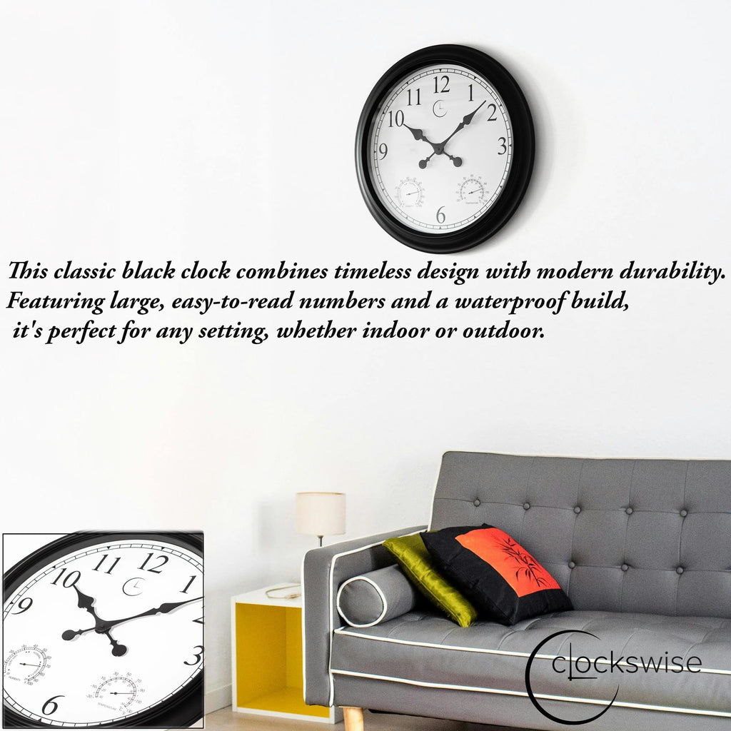 Outdoor Wall Clock With Thermometer And Hygrometer, 24-Inch, Black