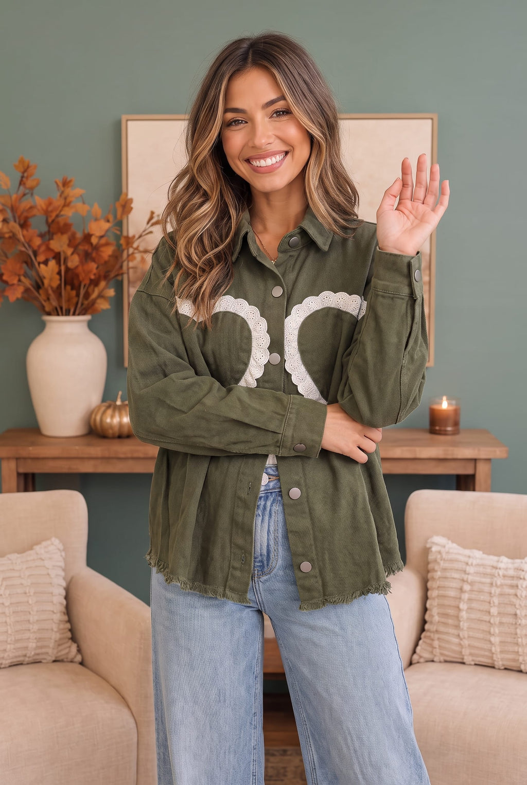 I Heart You Lace Applique Corduroy Shacket - view 2