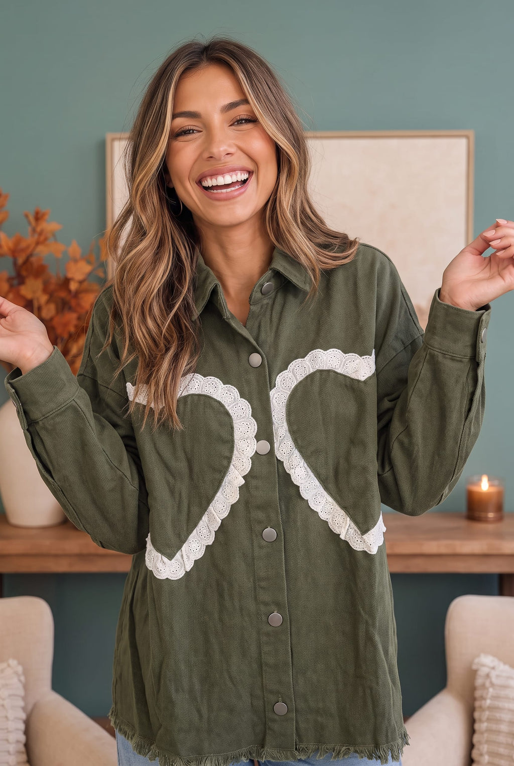 I Heart You Lace Applique Corduroy Shacket - view 3